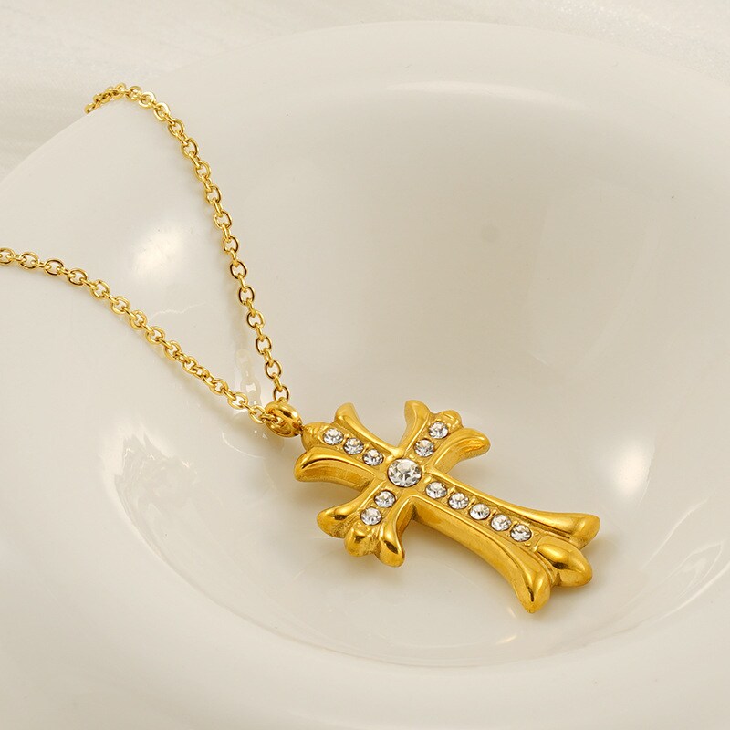 1 Piece Simple Series Simple Cross Stainless Steel Gold Plated Rhinestone Women's Pendant Necklaces h5 